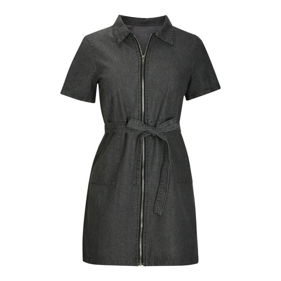 Patlollav Womens Summer Fashion Lace Up Waist Short Sleeve Zipper Sexy Pocket Slim Denim Dress