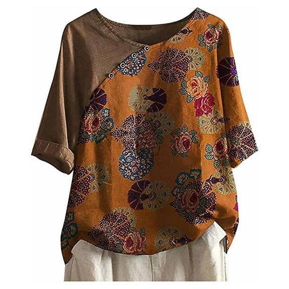 Pntutb Womens Blouse Summer O-Neck Short 3/4 Sleeve Print Loose Shirt Tops