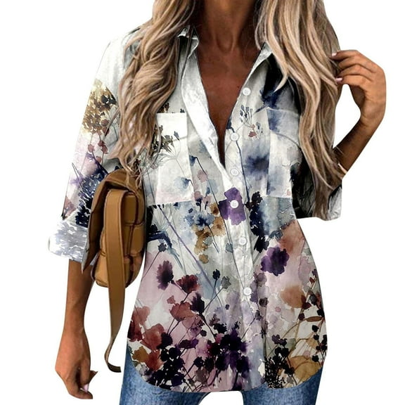 Pntutb Womens Button Down Shirt Long Sleeve Blouse Printing Tops Bussiness Casual Lapel Tops Purple M