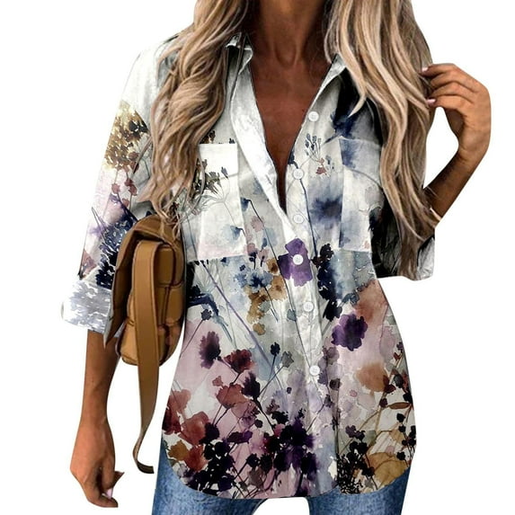 Pntutb Womens Button Down Shirt Long Sleeve Blouse Printing Tops Bussiness Casual Lapel Tops Purple S