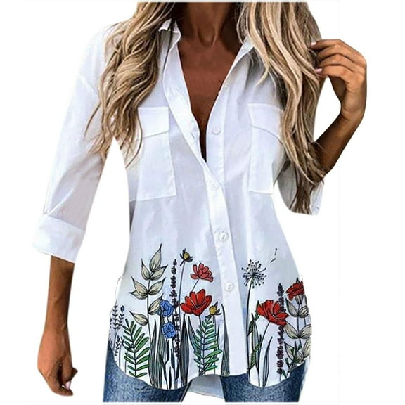 Pntutb Womens Casual Long Sleeve Floral Flower Print Irregular Shirt Tops