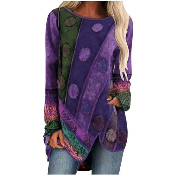 Pntutb Womens Casual Retro Print O Neck Long Sleeve T Shirt Tops