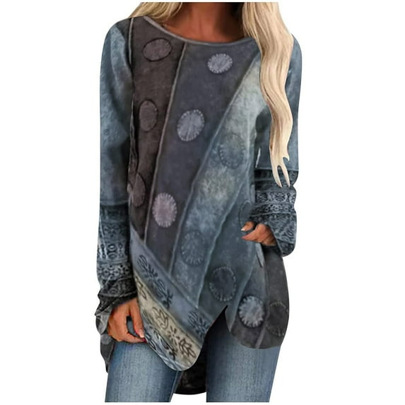 Pntutb Womens Casual Retro Print O Neck Long Sleeve T Shirt Tops