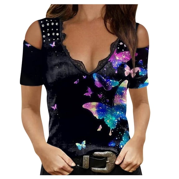 Pntutb Womens Broken Floral Print Loose V-Neck Short Sleeve Tunic Shirt Blouse Tops