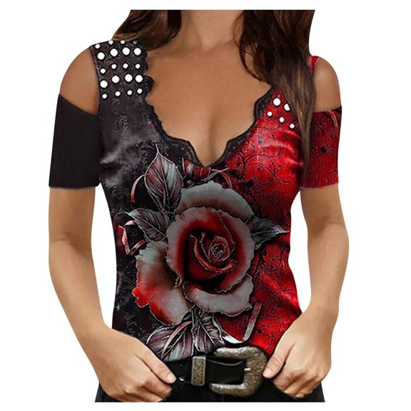 Pntutb Womens Broken Floral Print Loose V-Neck Short Sleeve Tunic Shirt Blouse Tops