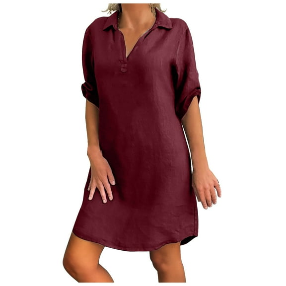 Pntutb Fashion Women's Plus Size Solid Cotton Linen Turn Down Collar Loose Shirt Dress