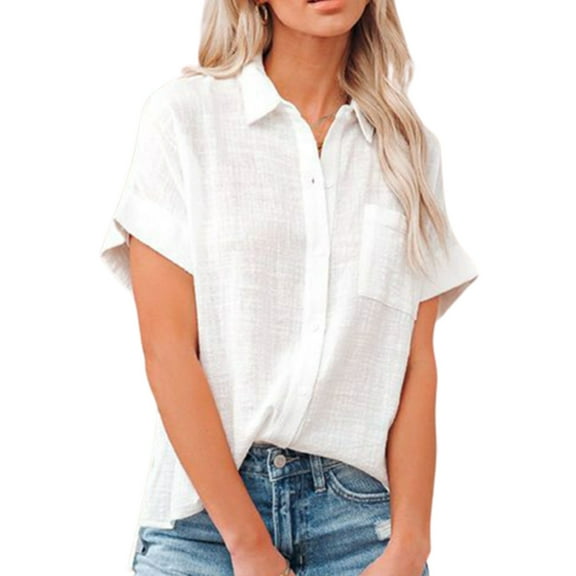 Pntutb Womens,Ladies Solid Color Cotton Linen Shirt Short Sleeve Lapel Button Tops Clothes