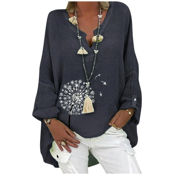 Pntutb Plus Size Women's Casual Long Sleeve Floral Print Loose V-Neck Shirt Blouse Top