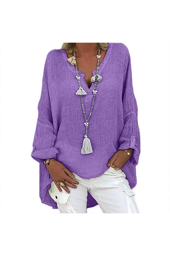 Pntutb Womens,Plus Size Women's Casual Long Sleeve Solid Loose V-Neck Shirt Blouse Top