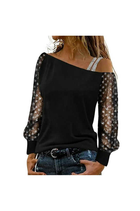 Pntutb Womens Shirts Off-The-Shoulder Pullover Loose Shiny Sequin Blouse Tunic Tops