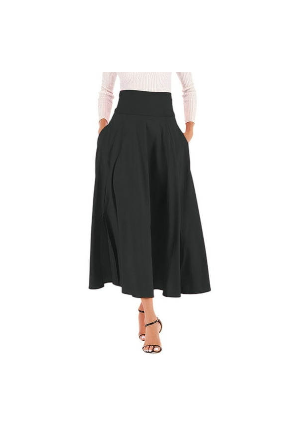 Womens Clearance Solid Color High Waist Pleated A Line Long Skirt Front Slit Belted Maxi