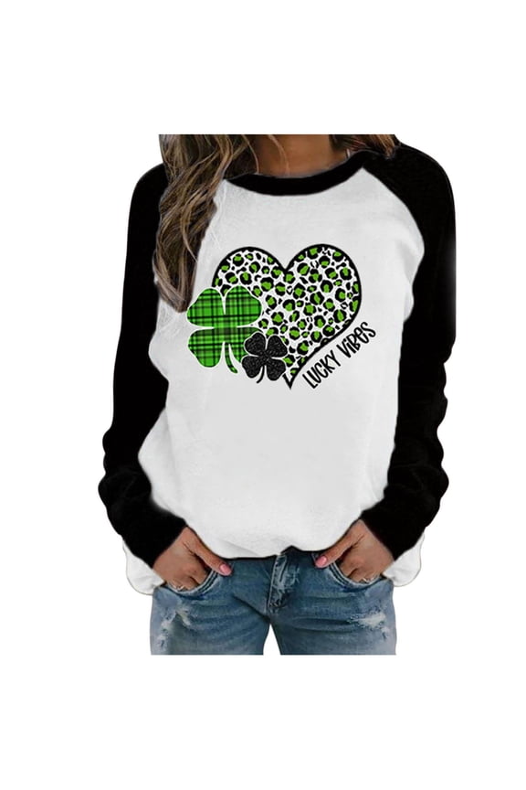 Pntutb Womens Spring Patchwork St. Patricks Day Print Long Sleeve Round Neck Tee Tops