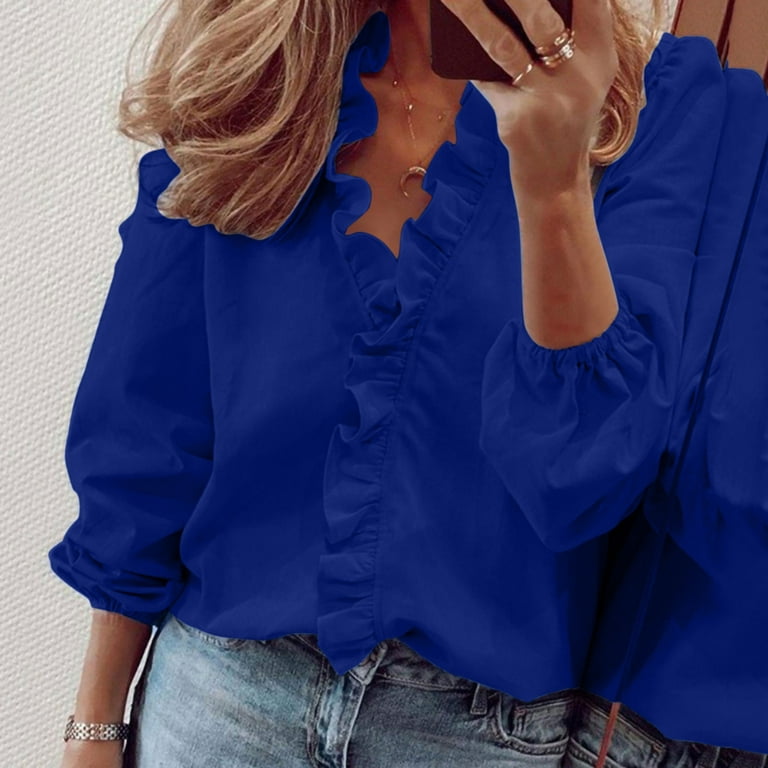 Pntutb Womens Clearance Tops Casual Solid Color Ruffle Collar Long Sleeve  Ruffle Shirt Blouse Blue XXXXXL