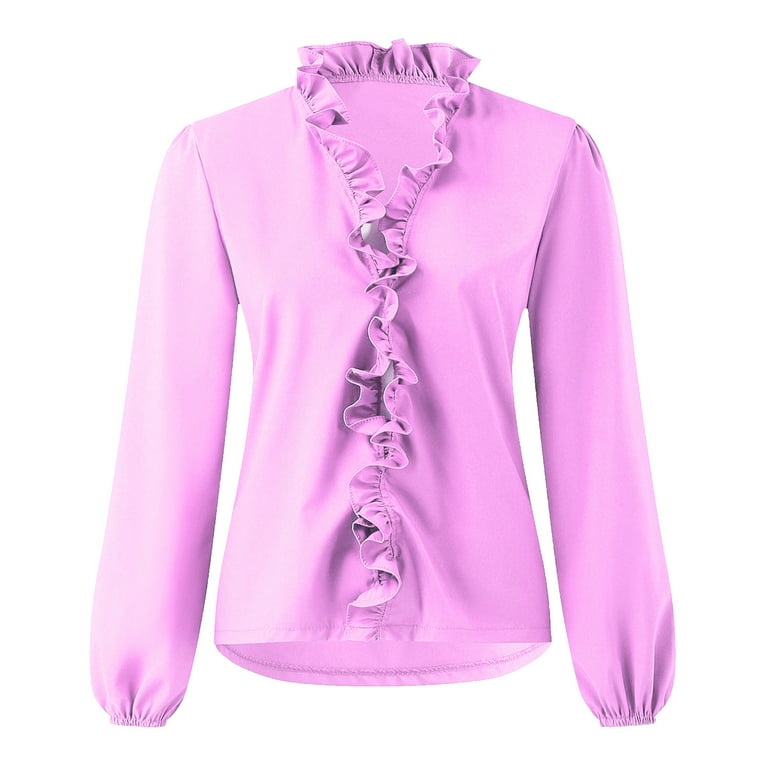 Pntutb Womens Clearance Tops Casual Solid Color Ruffle Collar Long Sleeve  Ruffle Shirt Blouse Purple XXXL