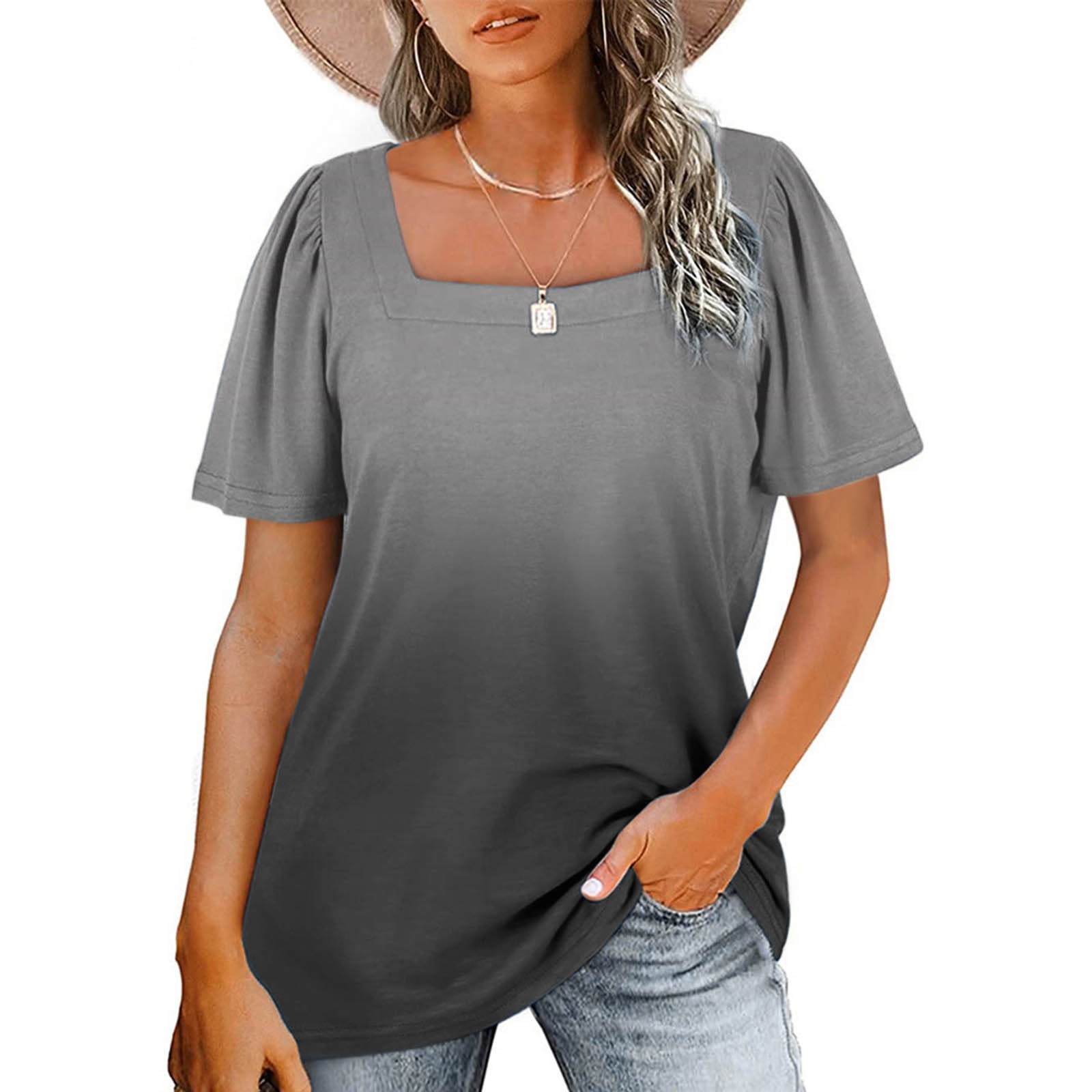 Pntutb Womens Clearance,Tops Women's Print Short Sleeve Square Collar