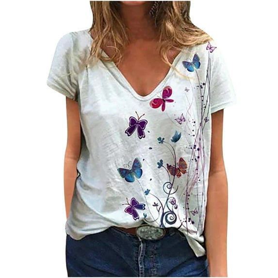 Pntutb Womens Plus Size Clearance,Fashion Women's V-Neck Summer Short Sleeve Butterfly Printing Tops Loose T-Shirt