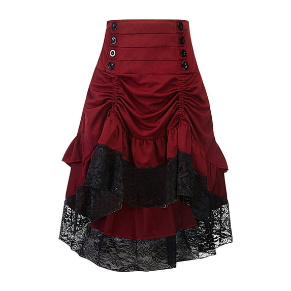 Pntutb Womens Vintage Retro Skirt Gothic Style Lace Drawstring Stitching Middle Skirt