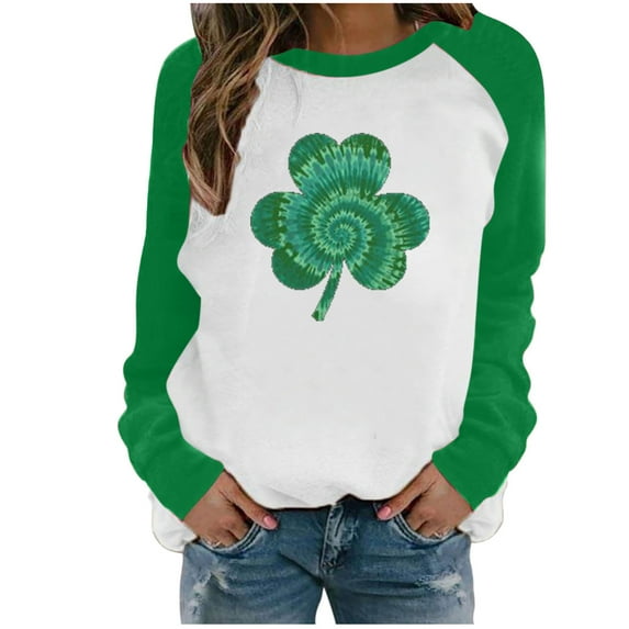 Pntutb Women's Blouses Patchwork St. Patrick's Day Print Long Sleeve Round Neck Casual Tops Clothes