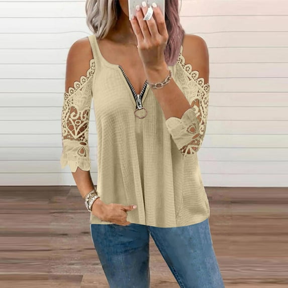 Pntutb Womens Clearance,Women's Casual Lace Half Sleeve V-Neck Zipper Hollow Out T-Shirt Blouse Tops Rollback