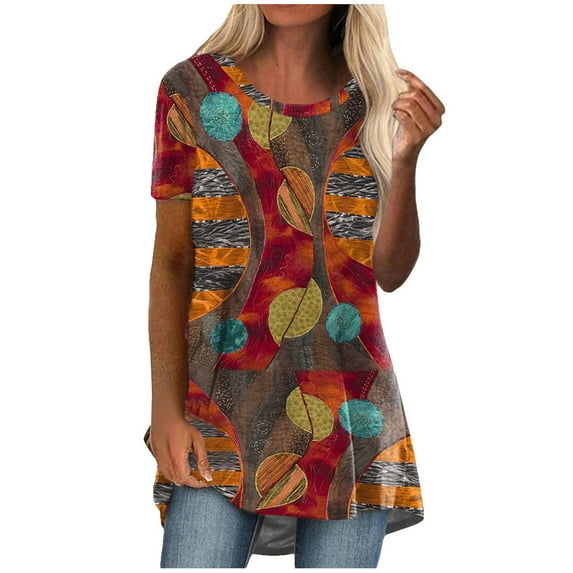 Pntutb Women's Casual Round-Neck Ethnic Vintage Print Short Sleeve T-Shirt Tops