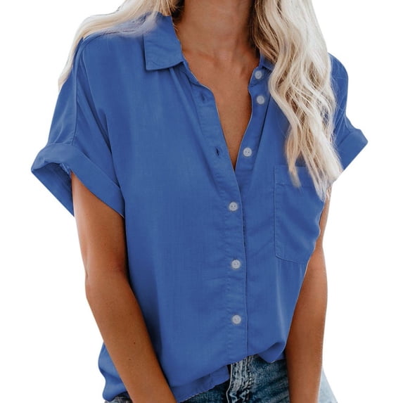 Patlollav Woman T Shirts Clearance Button Solid Blouse Short Sleeve Summer Tops