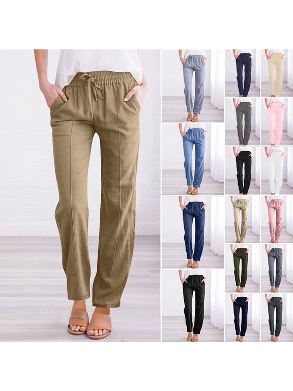 Womens Cotton Linen Pants Drawstring Solid Loose Elastic Waist Sports Trousers Straight Leg Pants for Work Beach Vacation