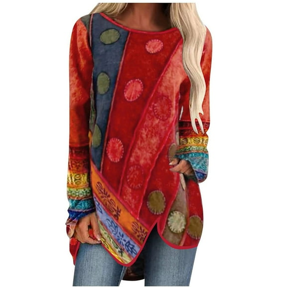 Pntutb Women's Fashion Casual Retro Printing O Neck Long Sleeve T Shirt Tops Clothes