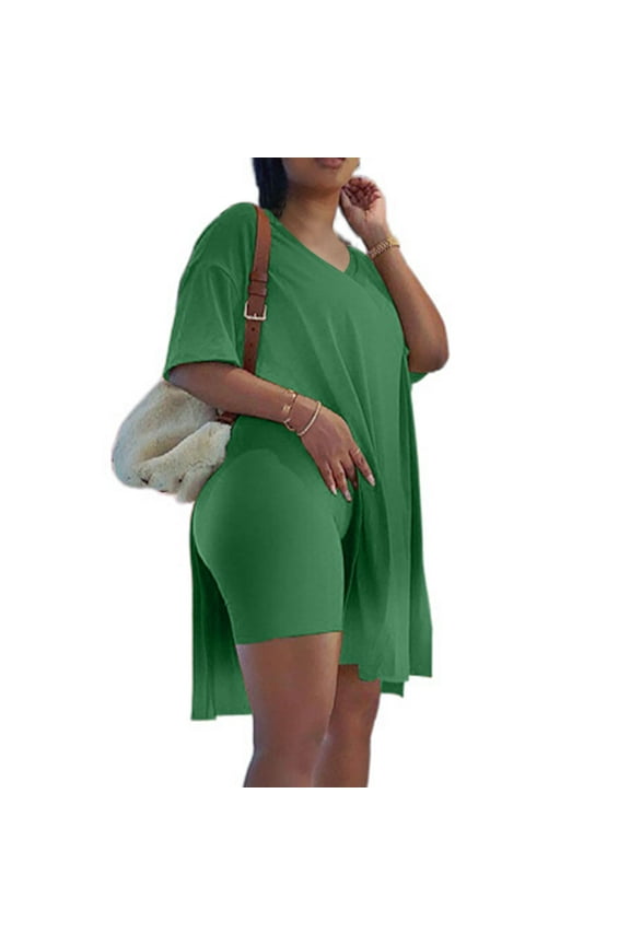 Womens Plus Size 2 Piece Outfits Short Sleeve Tops Skinny V-Neck Biker Shorts Sets Tracksuits