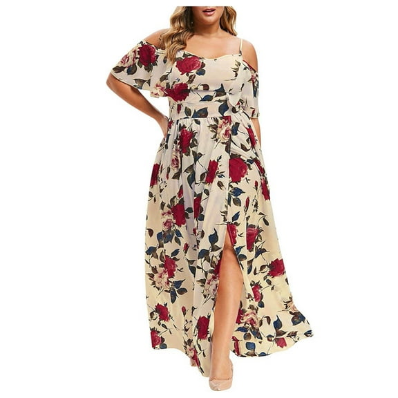 Pntutb Women's Plus Size Casual Print Short Sleeve Off-Shoulder Split Dress