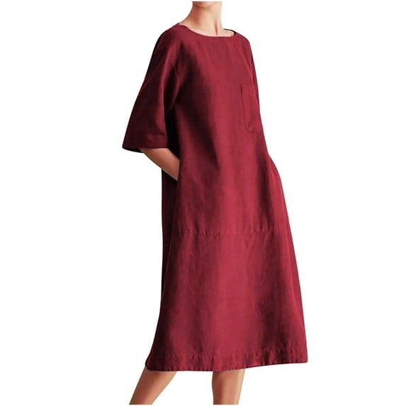Pntutb Women's Plus Size Fashion Crewneck Loose Half Sleeve Solid Knee-Length Dress Wine XL