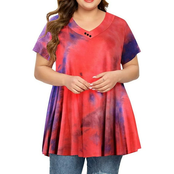Pntutb Womens Clearance,Women's Plus Size Tops Tie-Dye Print Short Sleeve V-Neck Blouse Pleated Hem Shirt