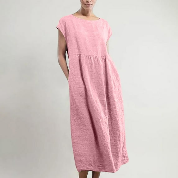 Pntutb Women's Solid Color Round Neck Sleeveless Vintage Cotton Linen Long Dress
