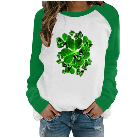 Pntutb Women's Spring Patchwork St. Patrick's Day Printed Long Sleeve Casual Tee Tops