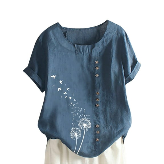 Pntutb Women's Summer Casual Round Neck Short Sleeve Flower Print Loose Shirt Tops
