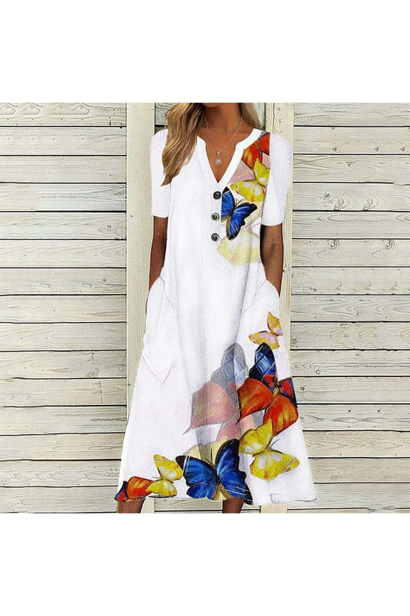 Pntutb Women's Summer Print Causal V-Neck Button Short Sleeve Vacation Pockets Dress