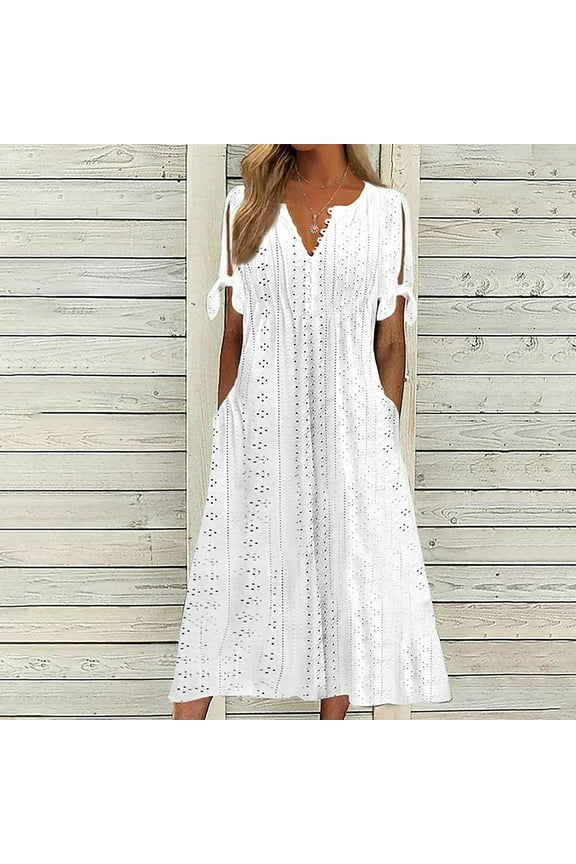 Pntutb Women's Summer Print Causal V-Neck Button Short Sleeve Vacation Pockets Dress