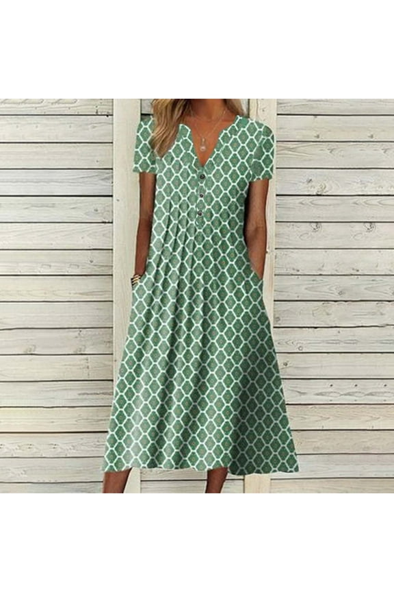 Pntutb Women's Summer Print Causal V-Neck Button Short Sleeve Vacation Pockets Dress