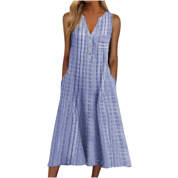 Pntutb Womens Dresses,Woman Fashion Casual Sleeveless V-Neck Button Striped Print Pocket Maxi Dress