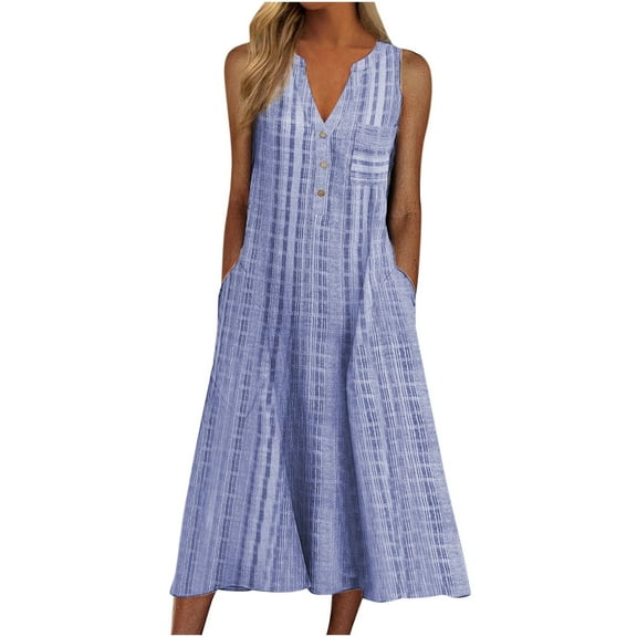 Pntutb Womens Dresses,Women Fashion Casual Sleeveless V-Neck Button Striped Print Pocket Maxi Dress