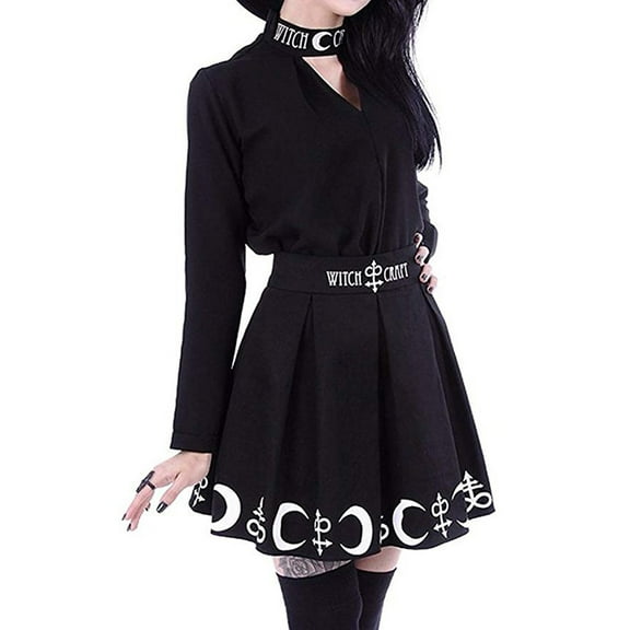 Patlollav Womens Gothic Punk Witchcraft Moon Magic Spell Symbols Pleated Mini Skirt