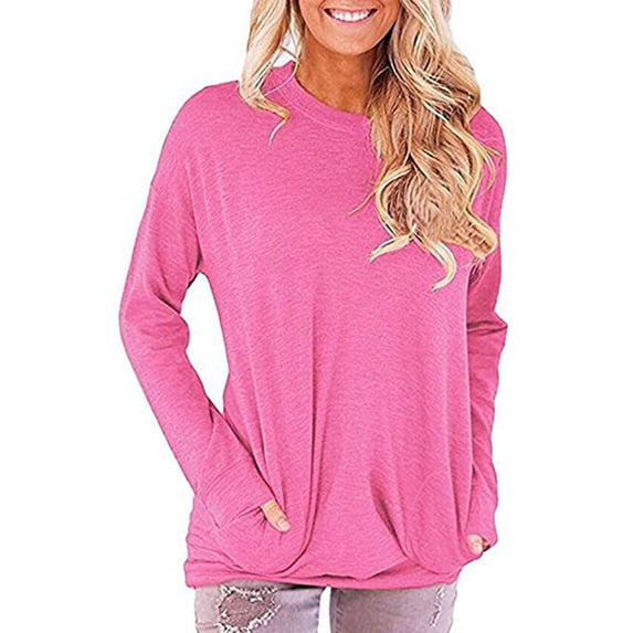 Pntutb Womens O-Neck Long Sleeve T-Shirt Summer Solid Pocket Loose Blouse Tops