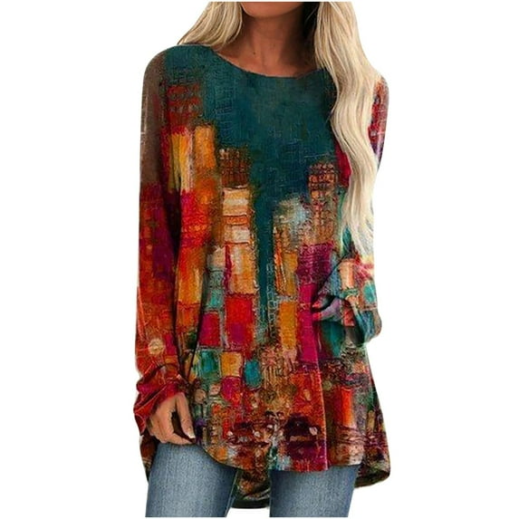 Pntutb Womens O-Neck Print Loose Casual Fashion Long Sleeve T-Shirt Blouse Tops