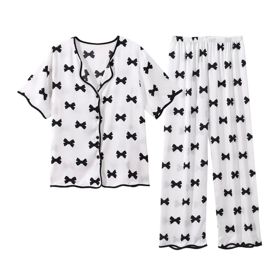 Pntutb Womens Pajama Set Printed Casual Home Loose Short Sleeved Long Pants Set