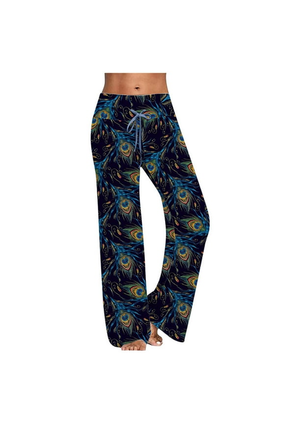 Womens Pants,Women's Comfy Casual Pajama Floral Print Elastic Waist Lounge Wide Leg Pants