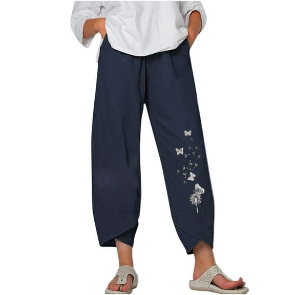 Pntutb Womens Pants,Women's Summer Casual Loose Cotton and Linen Pocket Printing Trousers Pants