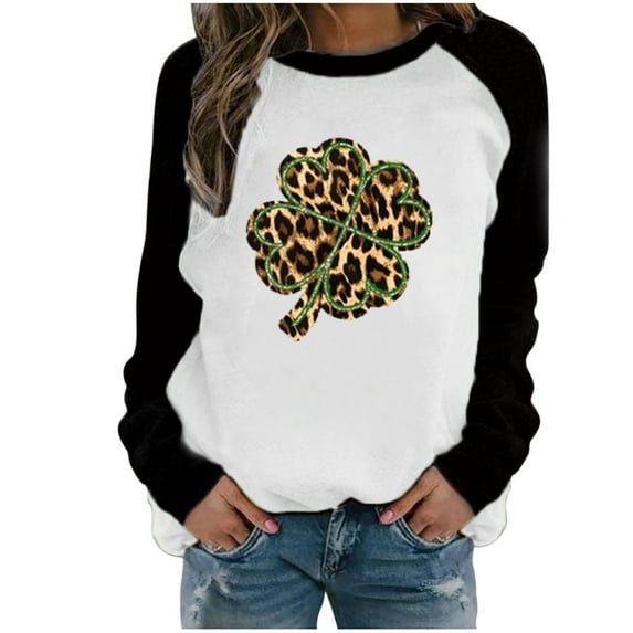 Pntutb Womens Patchwork St. Patricks Day Print Long Sleeve Round Neck Tee Tops