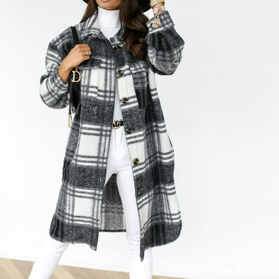Pntutb Womens Plaid Long Wool Blend Coat Shacket Jackets