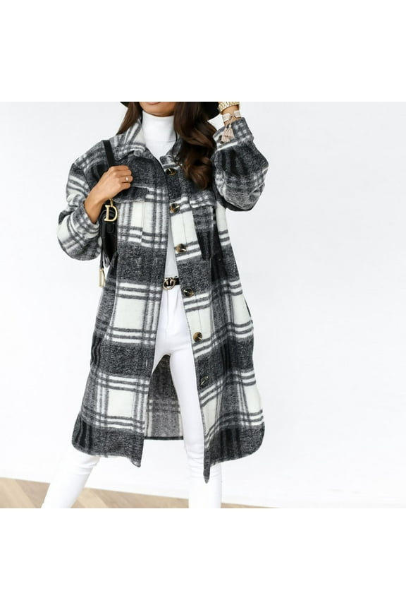 Pntutb Womens Plaid Long Wool Blend Coat Shacket Jackets