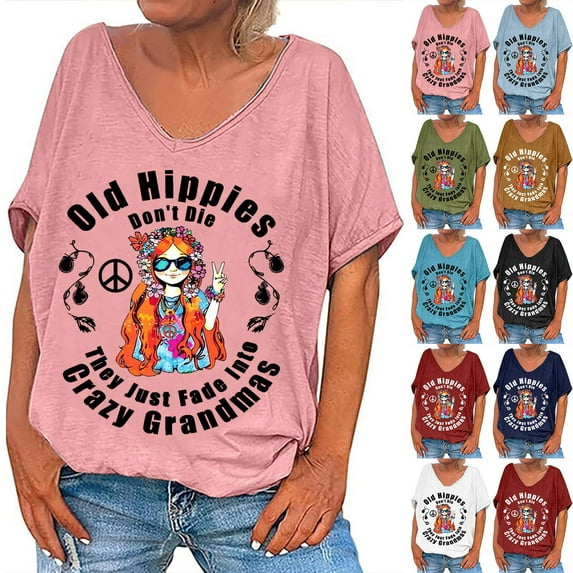 Otvok Womens Casual Retro Style Summer Printed Short Sleeve Blouse V-Neck Tops