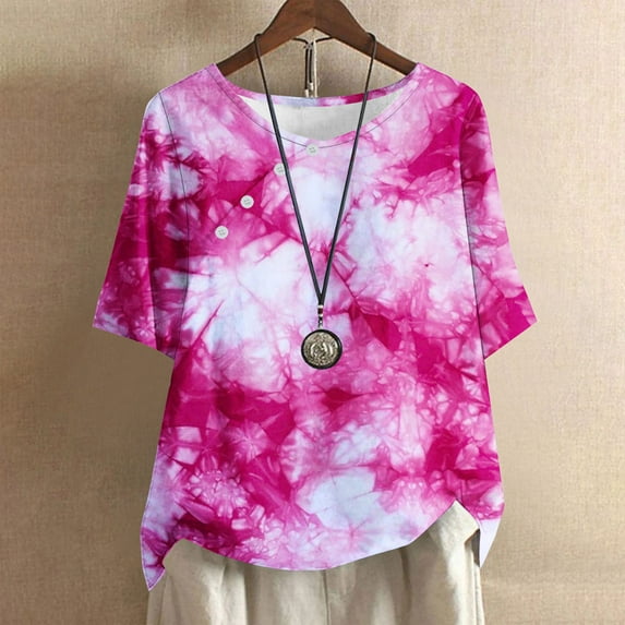 Otvok Womens Casual Round Neck Casual Button Printed Short Sleeve Blouse Shirt